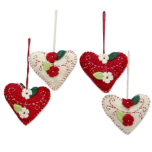 Load image into Gallery viewer, Handcrafted Felt Heart Ornaments in Red and Ivory (Set of 4) - Joyful Hearts | NOVICA
