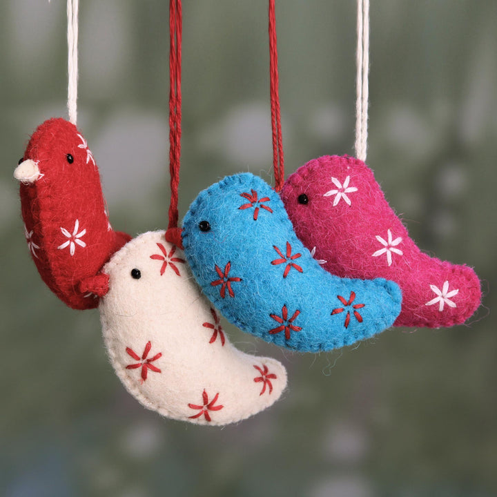 Assorted Color Wool Bird Ornaments from India (Set of 4) - Messengers of Joy | NOVICA