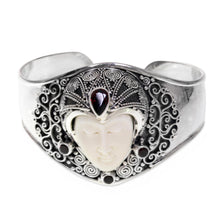 Load image into Gallery viewer, Artisan Crafted Carved Bone and Silver Cuff with Garnets - Jungle Princess | NOVICA
