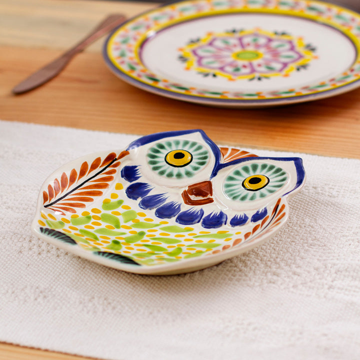 Handcrafted Owl Theme Green and Blue Majolica Ceramic Dish - Curious Green Owl | NOVICA