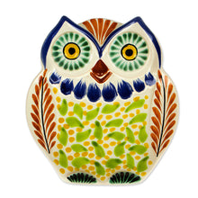 Load image into Gallery viewer, Handcrafted Owl Theme Green and Blue Majolica Ceramic Dish - Curious Green Owl | NOVICA
