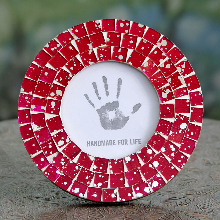 Handcrafted Round Red Mosaic Picture Frame (4 x 4) - Red Ruby | NOVICA