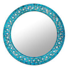 Load image into Gallery viewer, Round Turquoise Glass Mosaic Tile Mirror with Flower Motif - Turquoise Blossom | NOVICA
