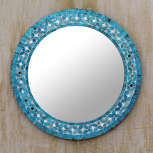 Load image into Gallery viewer, Round Turquoise Glass Mosaic Tile Mirror with Flower Motif - Turquoise Blossom | NOVICA
