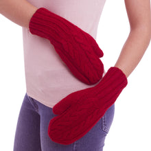 Load image into Gallery viewer, Red and Black Reversible Hand Knitted 100% Alpaca Mittens - Cherry Cola | NOVICA
