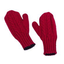 Load image into Gallery viewer, Red and Black Reversible Hand Knitted 100% Alpaca Mittens - Cherry Cola | NOVICA
