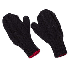 Load image into Gallery viewer, Red and Black Reversible Hand Knitted 100% Alpaca Mittens - Cherry Cola | NOVICA
