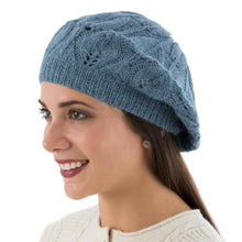 Load image into Gallery viewer, Women's Blue Beret Hat Knitted by Hand in 100% Alpaca Wool - Azure Leaves | NOVICA
