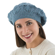 Load image into Gallery viewer, Women's Blue Beret Hat Knitted by Hand in 100% Alpaca Wool - Azure Leaves | NOVICA
