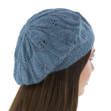 Load image into Gallery viewer, Women's Blue Beret Hat Knitted by Hand in 100% Alpaca Wool - Azure Leaves | NOVICA
