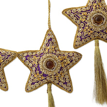 Load image into Gallery viewer, Handcrafted Beaded Purple Christmas Star Ornaments Set of 4 - Purple Star | NOVICA
