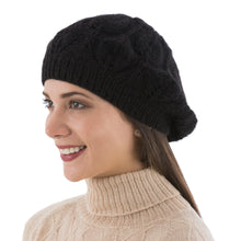 Load image into Gallery viewer, Hand Knit Black 100% Alpaca Beret from Peru - Dark Leaves | NOVICA
