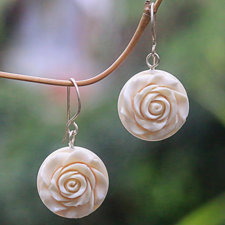 White Rose Dangle Earrings Hand Carved of Bone - Glorious Rose | NOVICA