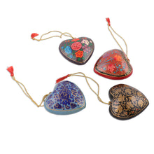 Load image into Gallery viewer, 4 Floral Hearts Artisan Crafted Papier Mache Ornaments Set - Season of Love | NOVICA
