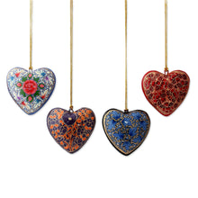 Load image into Gallery viewer, 4 Artisan Crafted Papier Mache Ornaments Flower Hearts Set - Bouquet of Hearts | NOVICA
