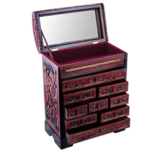 Load image into Gallery viewer, Peruvian Hand Carved Cedar Wood Jewelry Box with Mirror - Garden Hummingbirds | NOVICA
