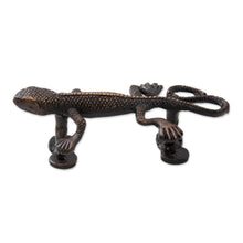 Load image into Gallery viewer, Gecko Door Handle in Antiqued Copper Plated Brass India - Gecko Passage | NOVICA
