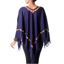 Load image into Gallery viewer, Dark Blue Wool Poncho with Pastel Flower Embroidery - Royal Garden | NOVICA
