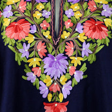 Load image into Gallery viewer, Dark Blue Wool Poncho with Pastel Flower Embroidery - Royal Garden | NOVICA
