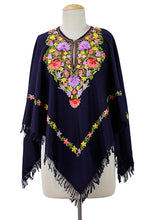 Load image into Gallery viewer, Dark Blue Wool Poncho with Pastel Flower Embroidery - Royal Garden | NOVICA
