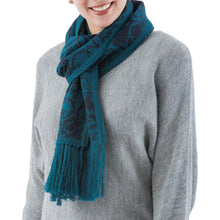 Load image into Gallery viewer, Turquoise and Blue Reversible Alpaca Blend Jacquard Scarf - Turquoise and Blueberry | NOVICA
