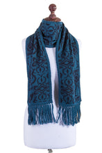 Load image into Gallery viewer, Turquoise and Blue Reversible Alpaca Blend Jacquard Scarf - Turquoise and Blueberry | NOVICA
