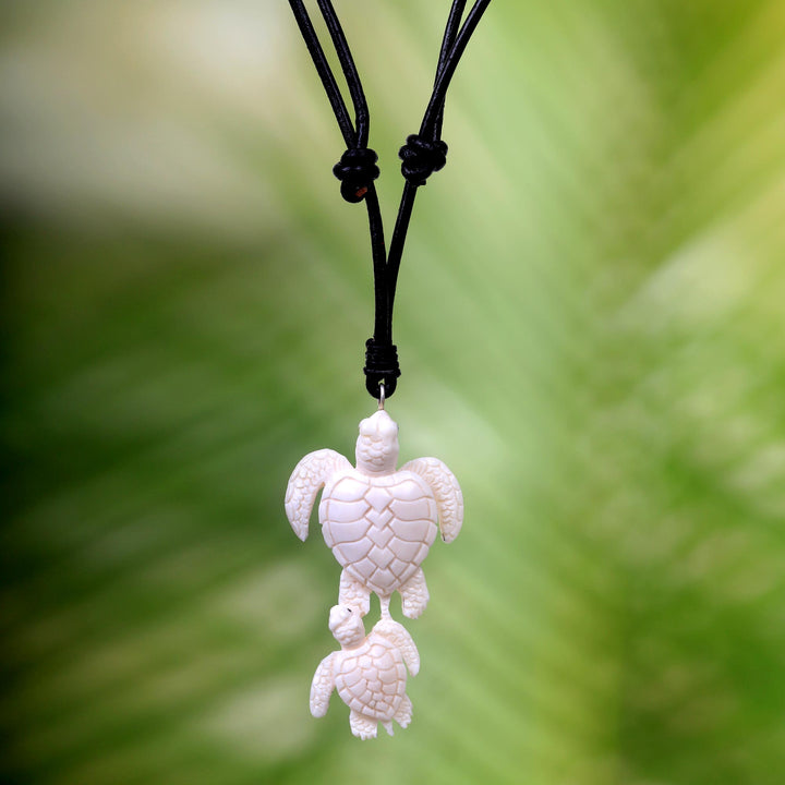 Handcrafted White Turtle Pendant and Leather Cord Necklace - Swimming with Mother | NOVICA