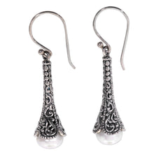 Load image into Gallery viewer, Silver 925 Elongated Balinese Earrings with Cultured Pearl - White Honeysuckle | NOVICA
