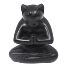 Load image into Gallery viewer, Black Cat Praying in a Yoga Pose Signed Wood Sculpture - Black Cat Prayer | NOVICA
