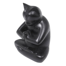 Load image into Gallery viewer, Black Cat Praying in a Yoga Pose Signed Wood Sculpture - Black Cat Prayer | NOVICA
