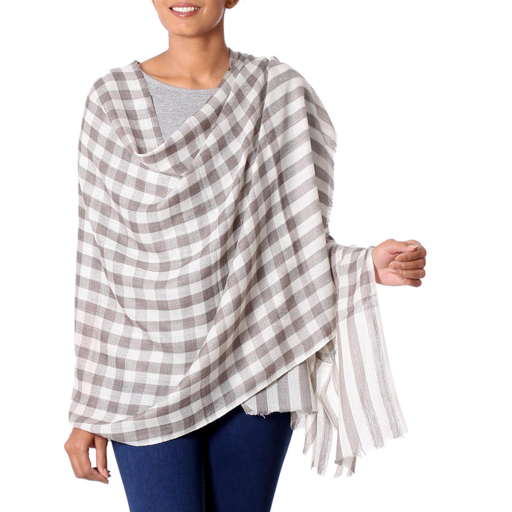 Cream Color Wool Shawl with Thick Checkered Grey Composition - Grey Checkered Landscape | NOVICA