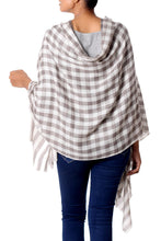 Load image into Gallery viewer, Cream Color Wool Shawl with Thick Checkered Grey Composition - Grey Checkered Landscape | NOVICA
