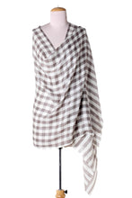 Load image into Gallery viewer, Cream Color Wool Shawl with Thick Checkered Grey Composition - Grey Checkered Landscape | NOVICA
