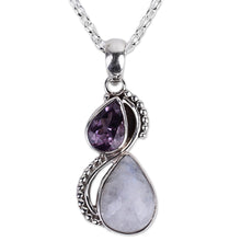 Load image into Gallery viewer, Silver and Rainbow Moonstone Necklace with Faceted Amethyst - Two Teardrops | NOVICA
