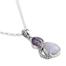 Load image into Gallery viewer, Silver and Rainbow Moonstone Necklace with Faceted Amethyst - Two Teardrops | NOVICA
