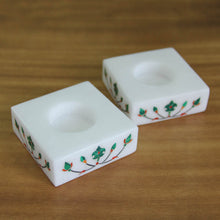 Load image into Gallery viewer, Square Marble Tealight Holders with Green Blooms (Pair) - Blooming Buds in Green | NOVICA

