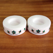 Load image into Gallery viewer, Round Marble Tealight Holder with Green Blooming Buds (Pair) - Floral Symmetry in Green | NOVICA
