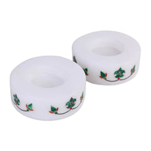 Load image into Gallery viewer, Round Marble Tealight Holder with Green Blooming Buds (Pair) - Floral Symmetry in Green | NOVICA
