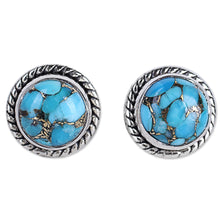 Load image into Gallery viewer, Sterling Silver Composite Turquoise Stud Earrings - Cool Aqua Radiance | NOVICA
