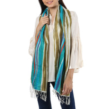 Load image into Gallery viewer, Modern Bishnupur Handwoven Silk Print Shawl from Bengal - Dhau in Blue | NOVICA
