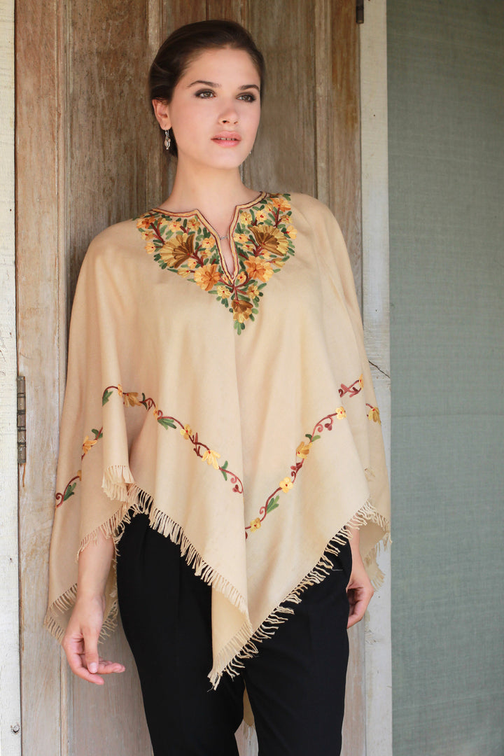 Aari Wool Poncho with Floral Motifs and Fringes from India - Aari Princess | NOVICA