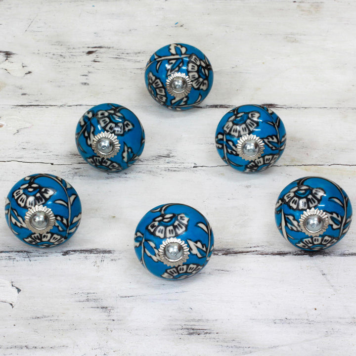 Ceramic Cabinet Knobs Floral Blue and White (Set of 6) India - Charming Blue Flowers | NOVICA