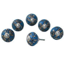 Load image into Gallery viewer, Ceramic Cabinet Knobs Floral Blue and White (Set of 6) India - Charming Blue Flowers | NOVICA
