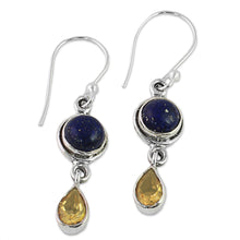 Load image into Gallery viewer, Lapis Lazuli and Citrine Sterling Silver Dangle Earrings - Drops of Sun | NOVICA
