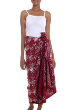 Load image into Gallery viewer, Red Floral Rayon Sarong with Hand Stamped Batik Pattern - Tropical Garden in Claret | NOVICA
