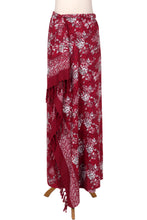 Load image into Gallery viewer, Red Floral Rayon Sarong with Hand Stamped Batik Pattern - Tropical Garden in Claret | NOVICA
