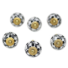 Load image into Gallery viewer, Ceramic Cabinet Knobs Floral White Black (Set of 6) India - Magical Blooms | NOVICA
