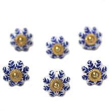 Load image into Gallery viewer, Ceramic Cabinet Knobs Floral White Blue (Set of 6) India - Blue Sunshine | NOVICA

