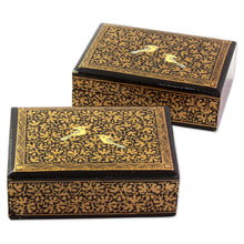 Load image into Gallery viewer, Hand Painted Wood Mini Decorative Boxes (Pair) from India - Avian Whispers in Gold | NOVICA
