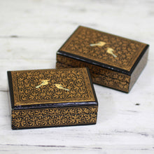 Load image into Gallery viewer, Hand Painted Wood Mini Decorative Boxes (Pair) from India - Avian Whispers in Gold | NOVICA
